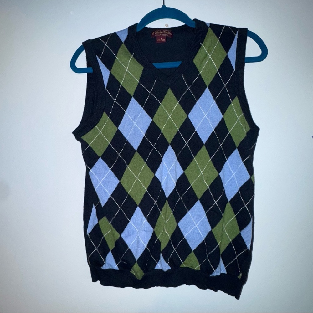 Brooks Brothers 100%‎ Cotton Men's Argyle china Made Dimond Sweater Vest XL blue